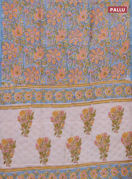 Chanderi bagru saree light blue and off white with allover kalamkari prints and zari woven border