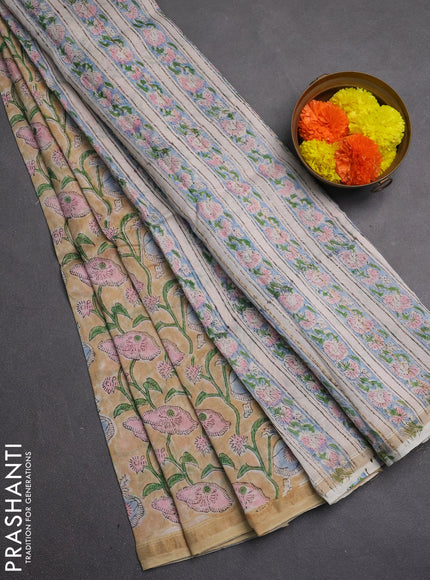 Chanderi bagru saree sandal with allover kalamkari prints and zari woven border