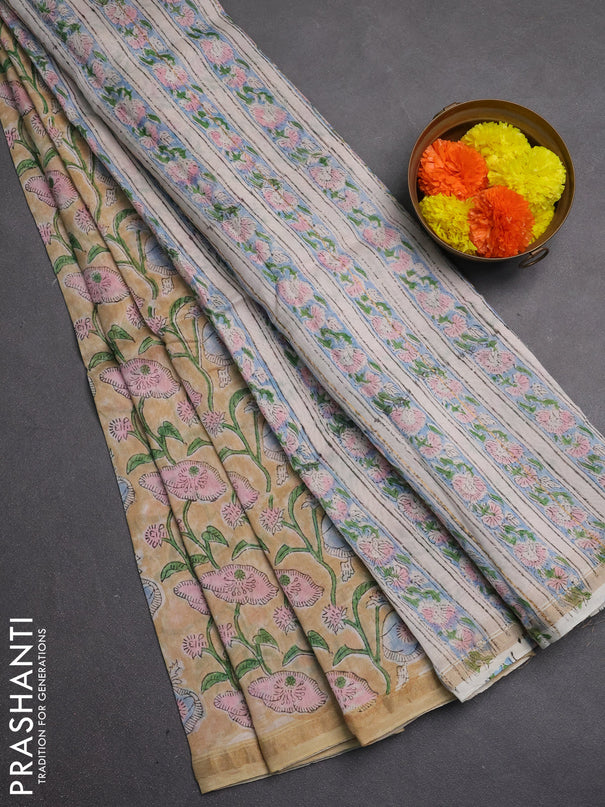 Chanderi bagru saree sandal with allover kalamkari prints and zari woven border