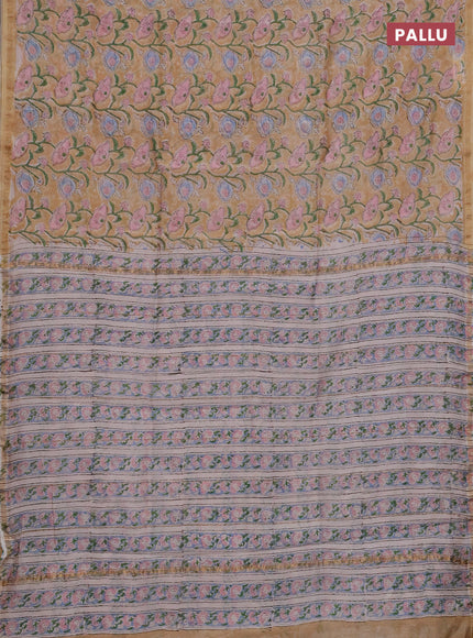 Chanderi bagru saree sandal with allover kalamkari prints and zari woven border