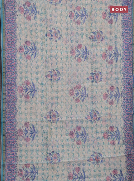 Chanderi bagru saree off white and teal green shade with allover prints and zari woven border