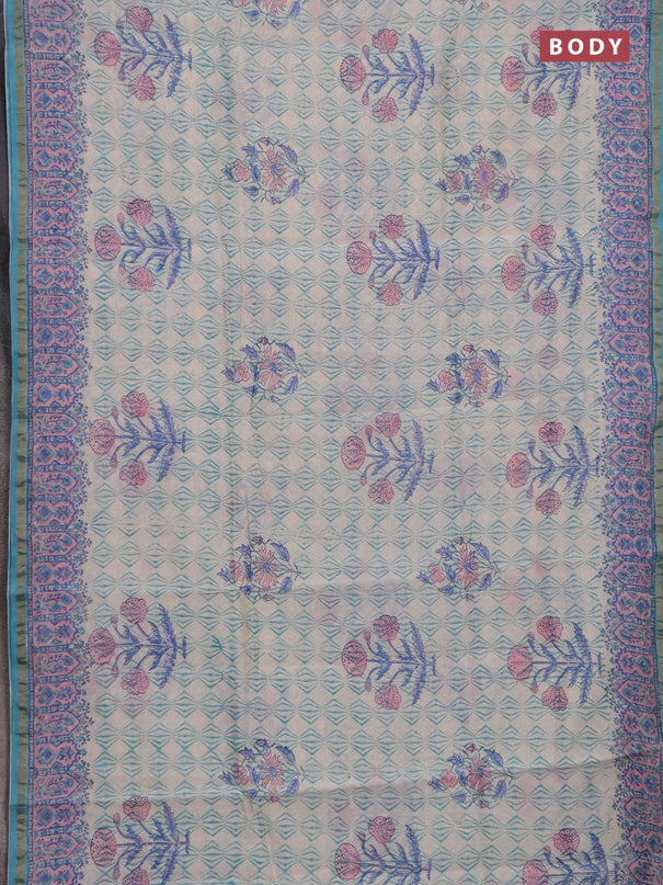 Chanderi bagru saree off white and teal green shade with allover prints and zari woven border