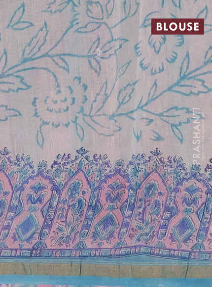 Chanderi bagru saree off white and teal green shade with allover prints and zari woven border