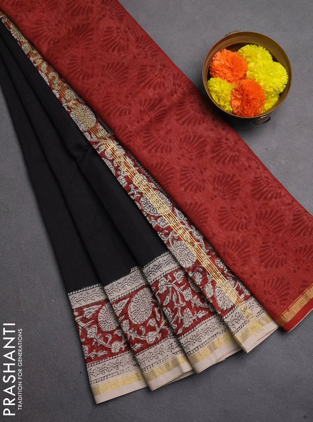 Chanderi bagru saree black and maroon with plain body and zari woven border