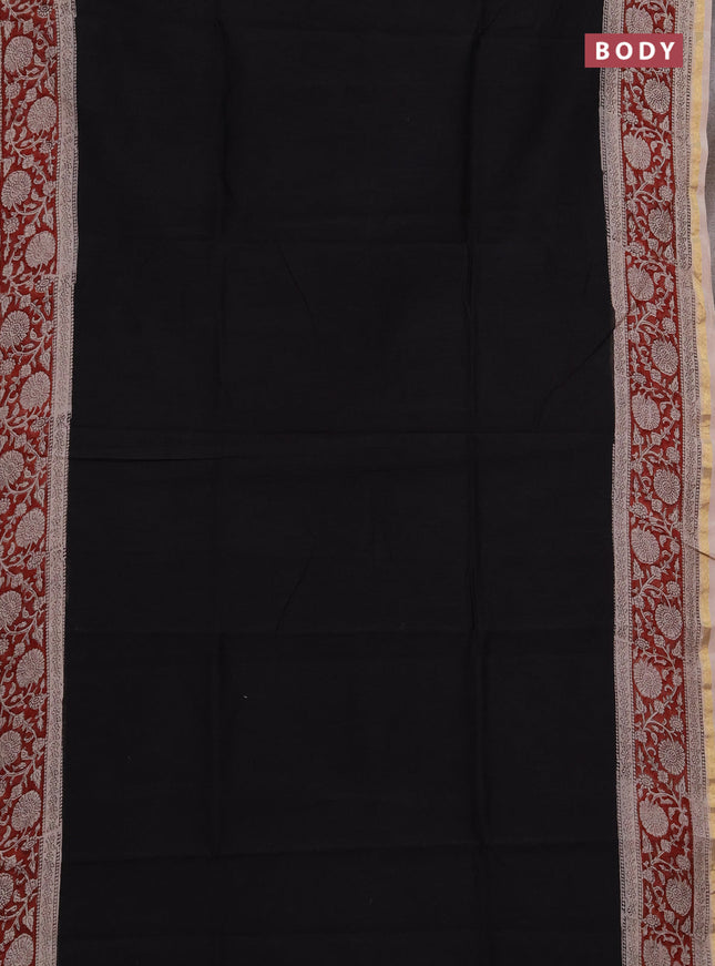 Chanderi bagru saree black and maroon with plain body and zari woven border