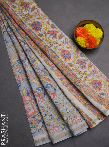 Chanderi bagru saree pastel blue and off white with allover kalamkari prints and zari woven border
