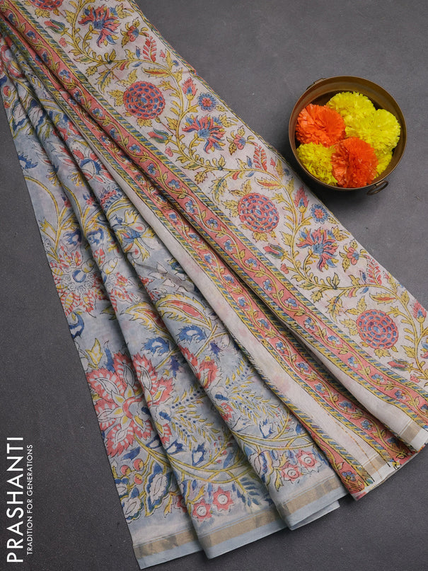 Chanderi bagru saree pastel blue and off white with allover kalamkari prints and zari woven border