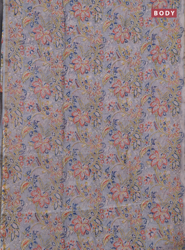 Chanderi bagru saree pastel blue and off white with allover kalamkari prints and zari woven border