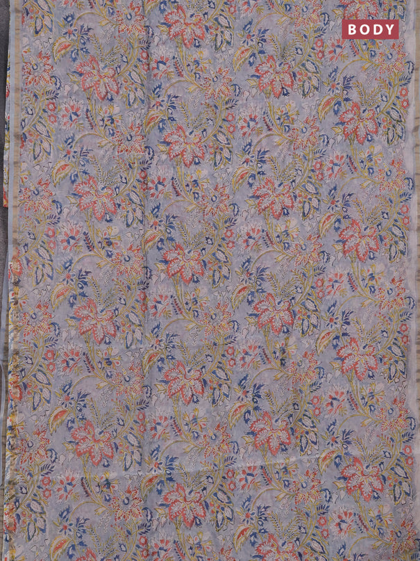 Chanderi bagru saree pastel blue and off white with allover kalamkari prints and zari woven border