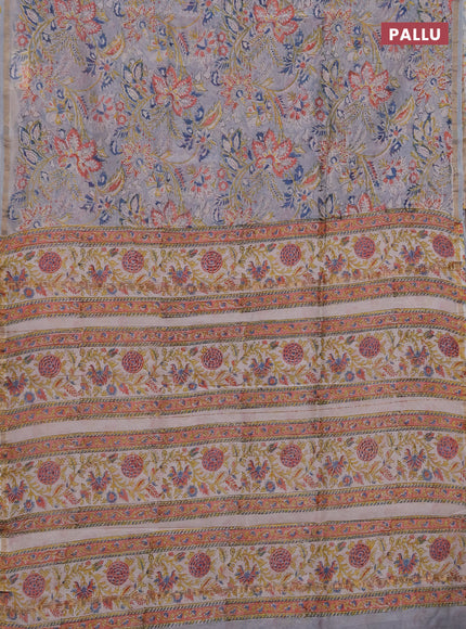 Chanderi bagru saree pastel blue and off white with allover kalamkari prints and zari woven border