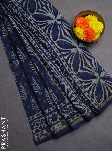 Chanderi bagru saree navy blue with allover batik prints and zari woven border