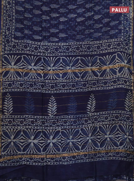 Chanderi bagru saree navy blue with allover batik prints and zari woven border