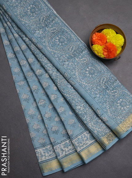 Chanderi bagru saree pastel blue with allover butta prints and maheshwari border