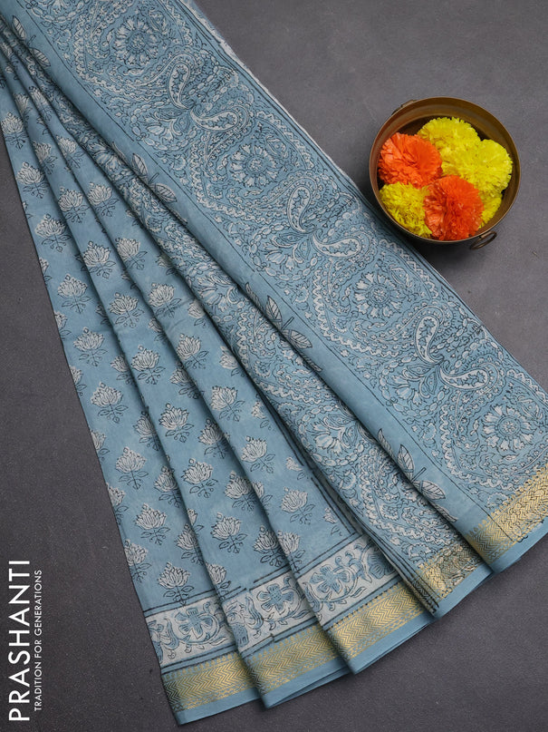 Chanderi bagru saree pastel blue with allover butta prints and maheshwari border