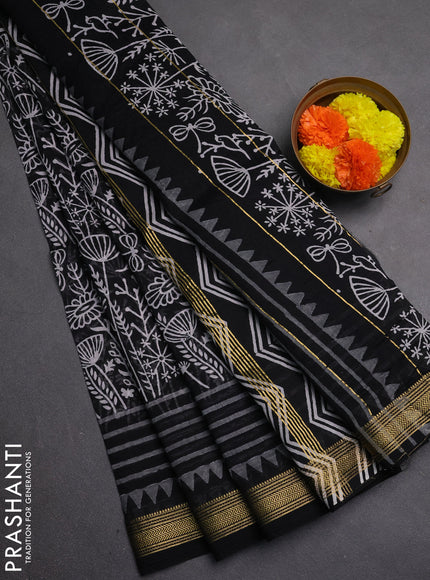 Chanderi bagru saree black with allover prints and maheshwari border