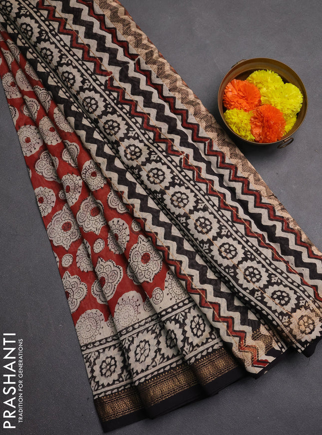 Chanderi bagru saree maroon with allover butta prints and maheshwari border