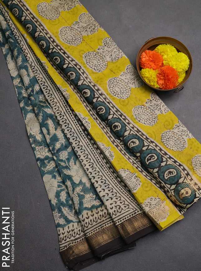 Chanderi bagru saree pastel green and black with allover kalamkari prints and maheshwari border