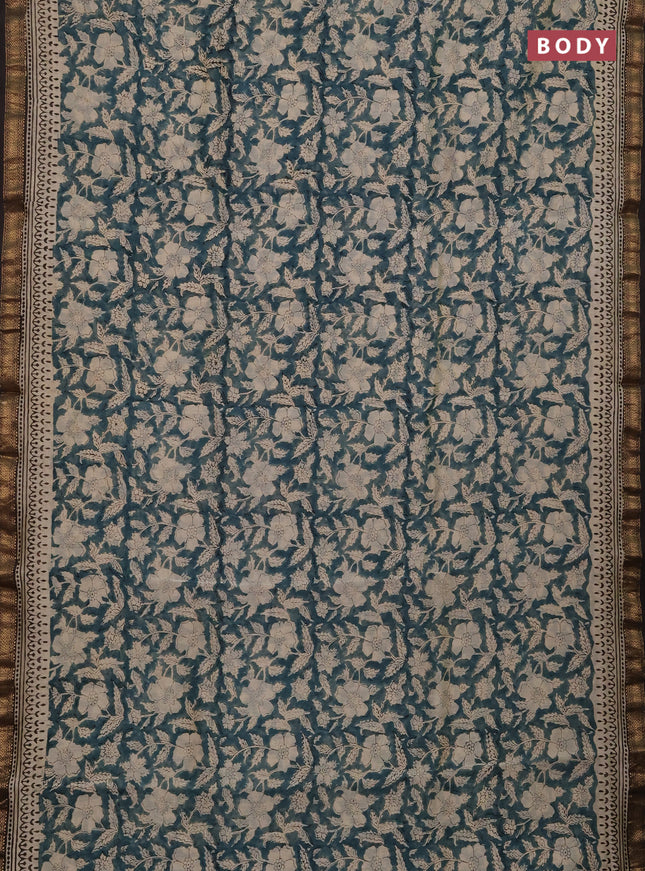 Chanderi bagru saree pastel green and black with allover kalamkari prints and maheshwari border