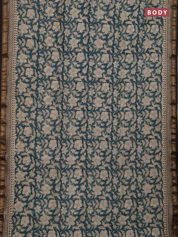 Chanderi bagru saree pastel green and black with allover kalamkari prints and maheshwari border