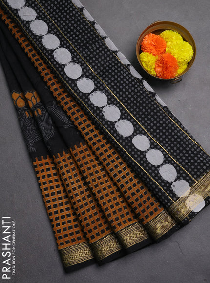 Chanderi bagru saree black and mustard yellow with kalamkari prints and maheshwari border