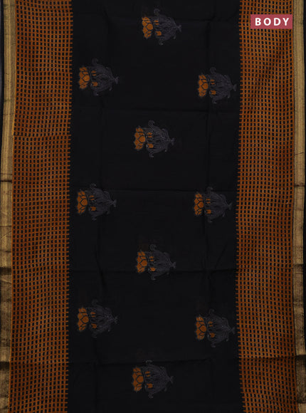 Chanderi bagru saree black and mustard yellow with kalamkari prints and maheshwari border