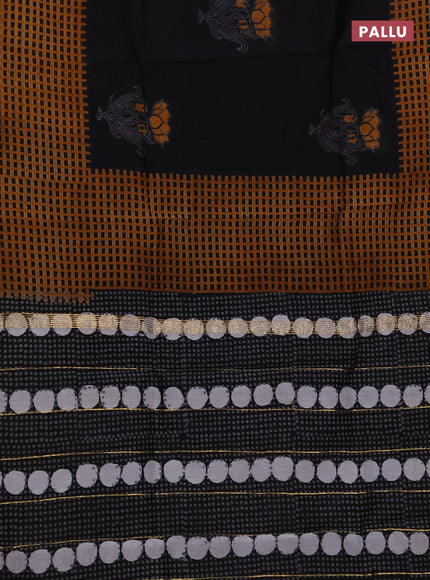 Chanderi bagru saree black and mustard yellow with kalamkari prints and maheshwari border