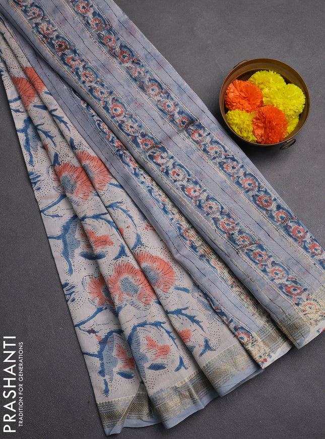 Chanderi bagru saree beige and grey with allover kalamkari prints and maheshwari border