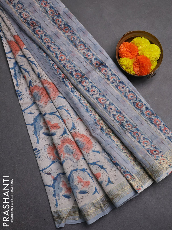 Chanderi bagru saree beige and grey with allover kalamkari prints and maheshwari border