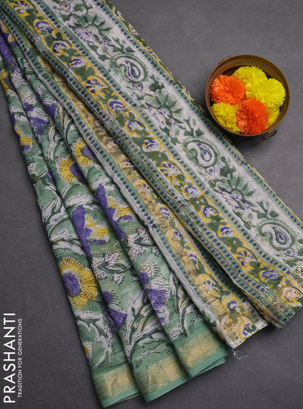 Chanderi bagru saree pastel green with allover kalamkari prints and maheshwari border