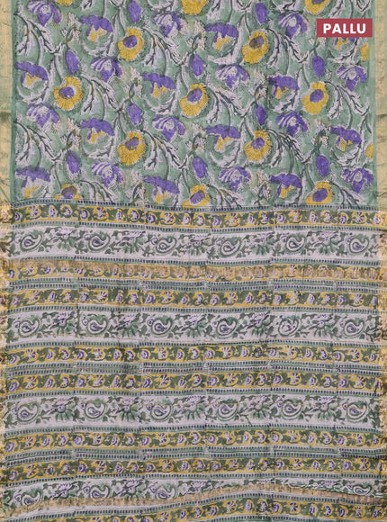 Chanderi bagru saree pastel green with allover kalamkari prints and maheshwari border