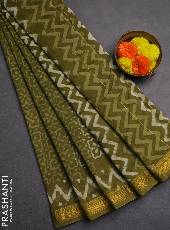 Chanderi bagru saree mrehendi green with allover batik prints and maheshwari border