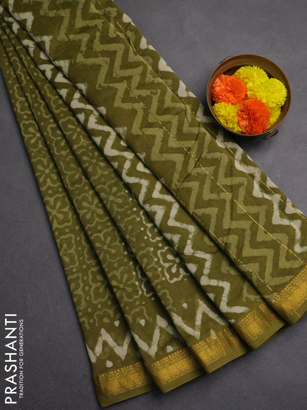 Chanderi bagru saree mrehendi green with allover batik prints and maheshwari border