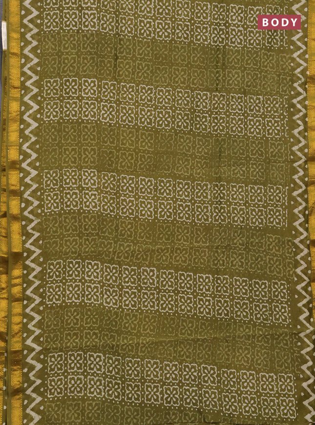 Chanderi bagru saree mrehendi green with allover batik prints and maheshwari border