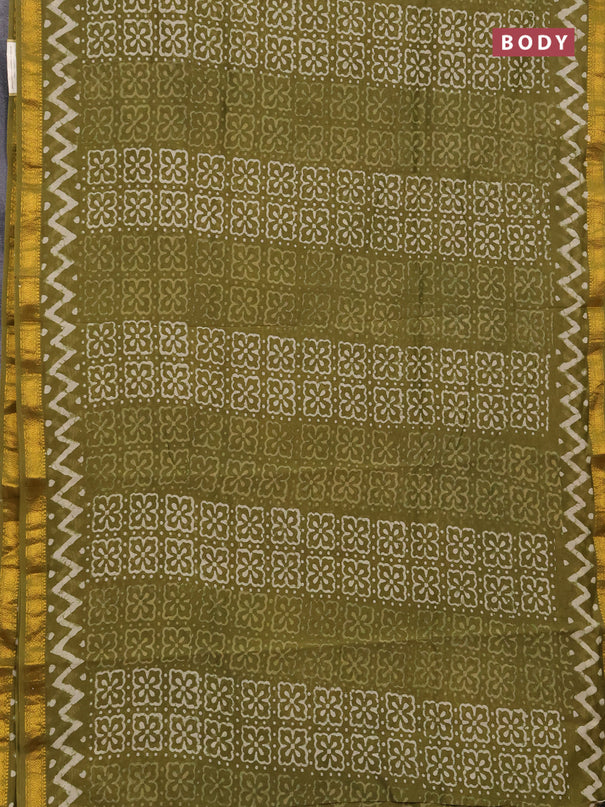 Chanderi bagru saree mrehendi green with allover batik prints and maheshwari border