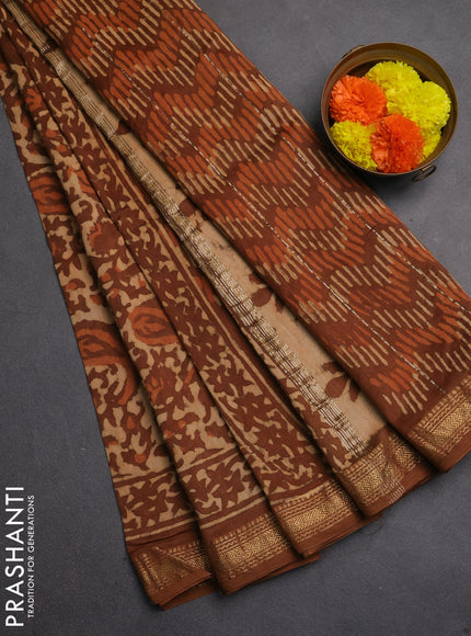 Chanderi bagru saree brown with allover batik prints and maheshwari border