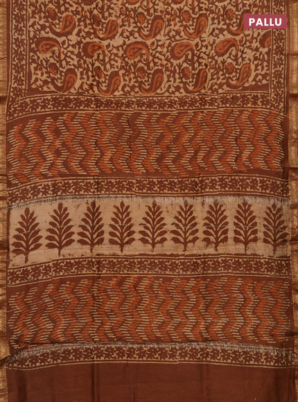 Chanderi bagru saree brown with allover batik prints and maheshwari border
