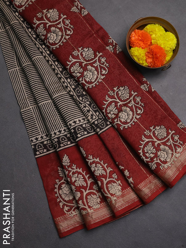 Chanderi bagru saree beige black and rust shade with allover stripe pattern and maheshwari border