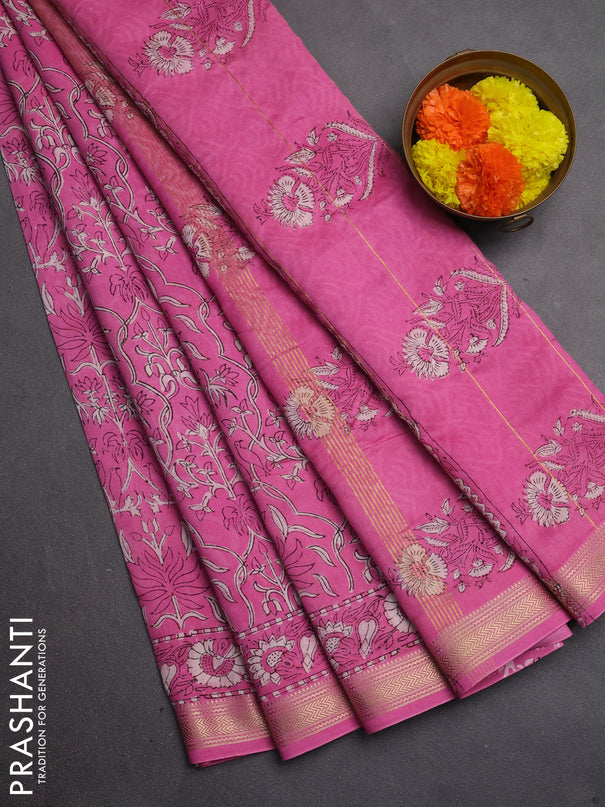 Chanderi bagru saree pink with allover kalamkari prints and maheshwari border