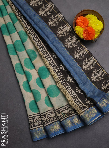 Chanderi bagru saree beige green and indigo blue with allover geomatric prints and maheshwari border