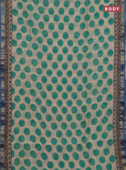 Chanderi bagru saree beige green and indigo blue with allover geomatric prints and maheshwari border