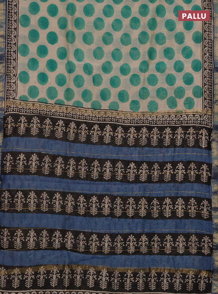 Chanderi bagru saree beige green and indigo blue with allover geomatric prints and maheshwari border