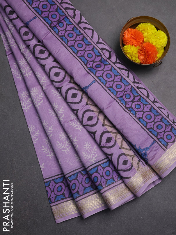 Chanderi bagru saree lavender with allover butta prints and maheshwari border