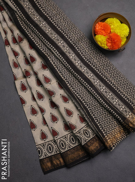 Chanderi bagru saree beige and black with allover butta prints and maheshwari border