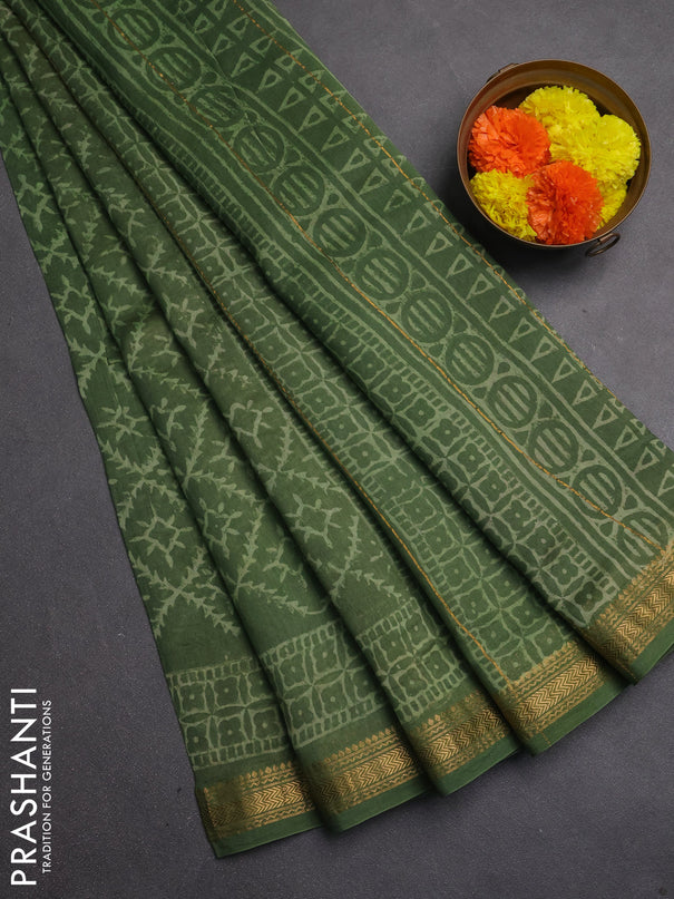 Chanderi bagru saree light green with allover batik prints and maheshwari border