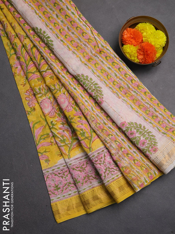 Chanderi bagru saree yellow with allover kalamkari prints and maheshwari border