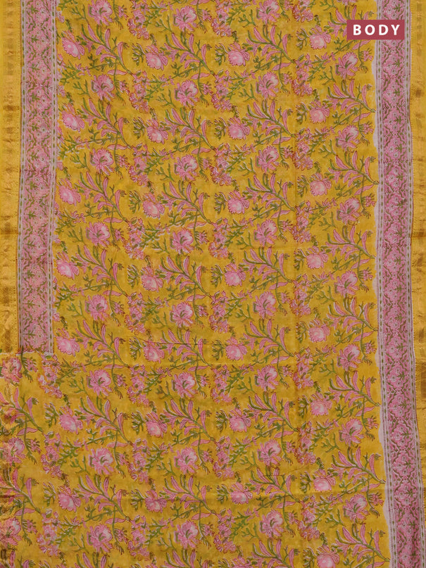 Chanderi bagru saree yellow with allover kalamkari prints and maheshwari border