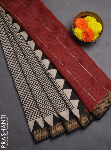 Chanderi bagru saree beige and black with allover checked pattern and maheshwari border