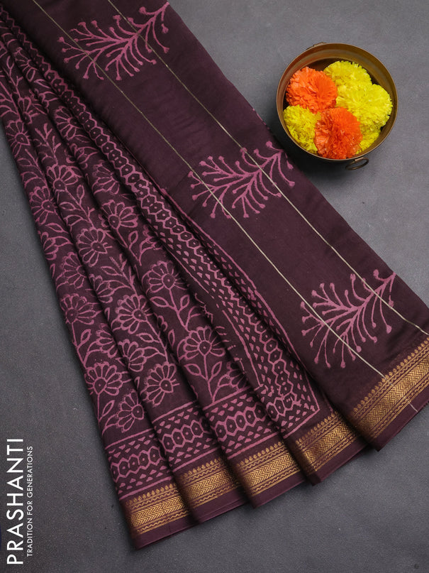 Chanderi bagru saree wine shade with allover kalamkari prints and maheshwari border