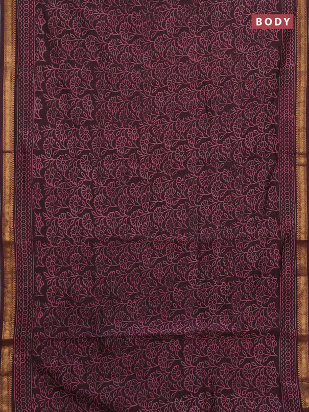 Chanderi bagru saree wine shade with allover kalamkari prints and maheshwari border