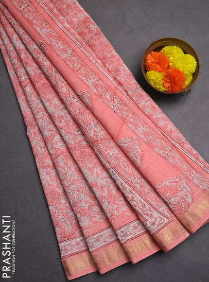 Chanderi bagru saree peach shade with allover kalamkari prints and maheshwari border